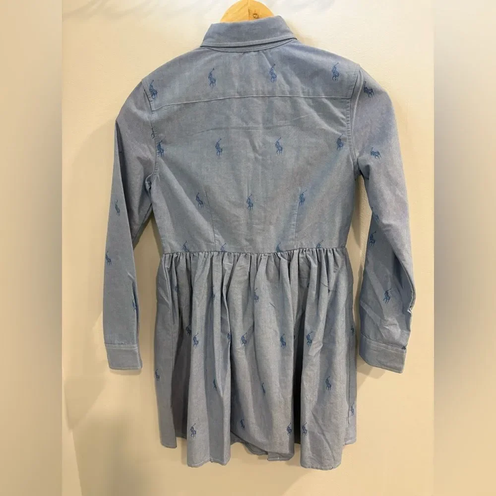 Ralph Lauren Blue Button-Down Shirt Dress with Pony Embroidery